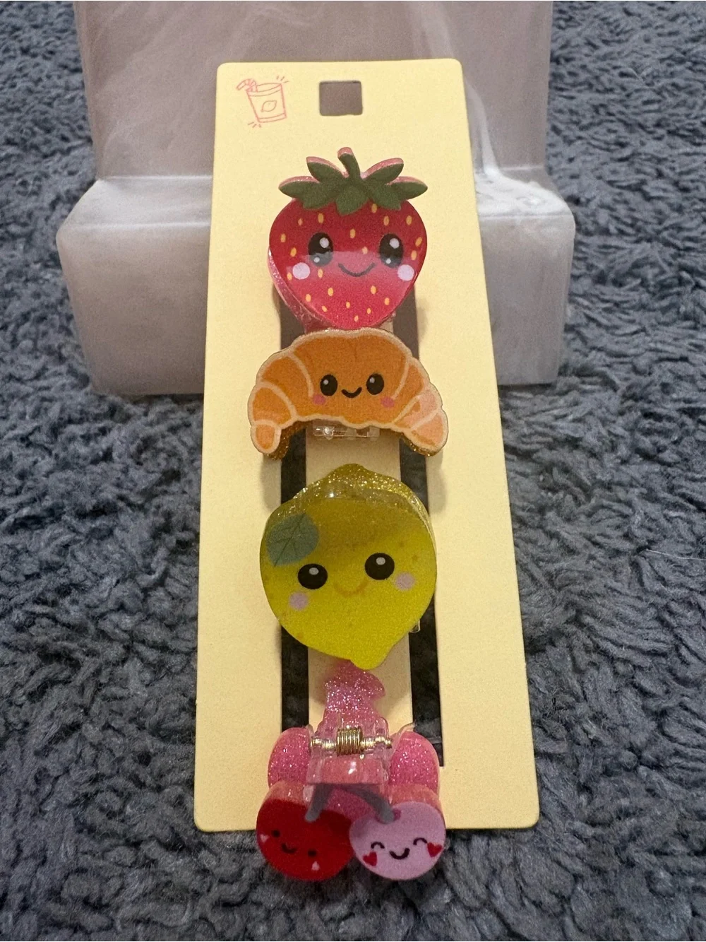 NWT Set of 4 hair clips a strawberry, croissant, lemon, and cherries